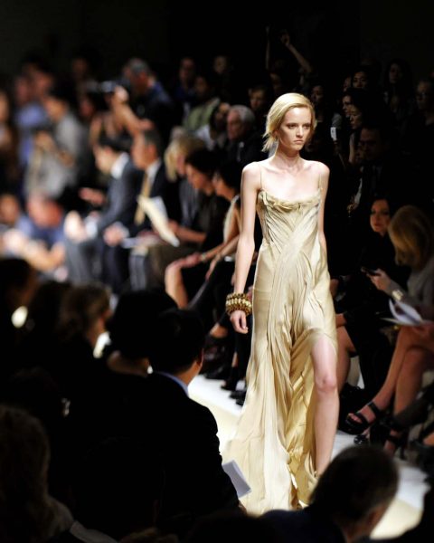 A model walks the runway in designs by Donna Karan at her fashion show during Mercedes-Benz Fashion Week in New York.